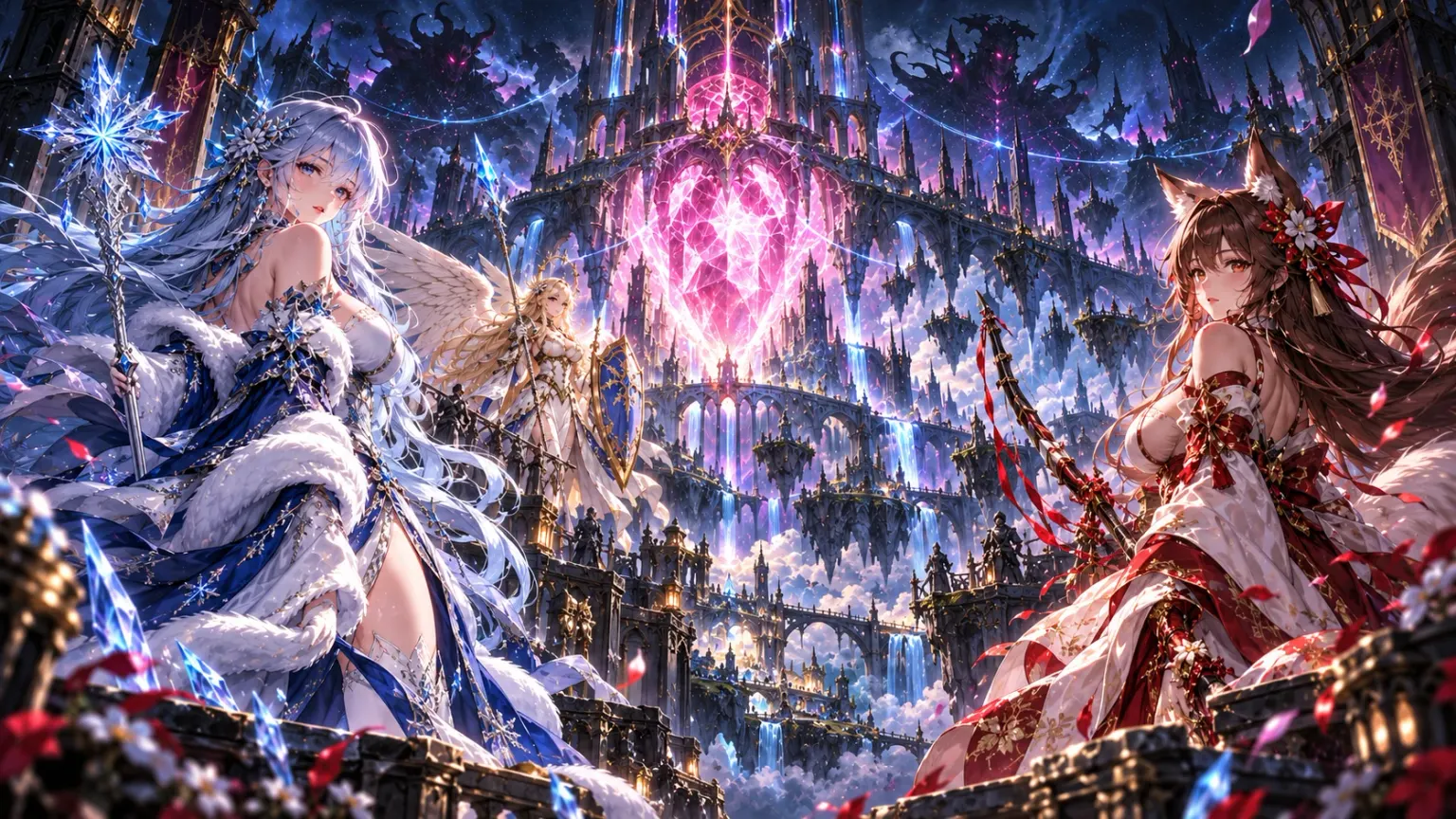 Mira and Hikari frame a luminous Heart Crystal in a vast moonlit citadel. Decorative website key art.